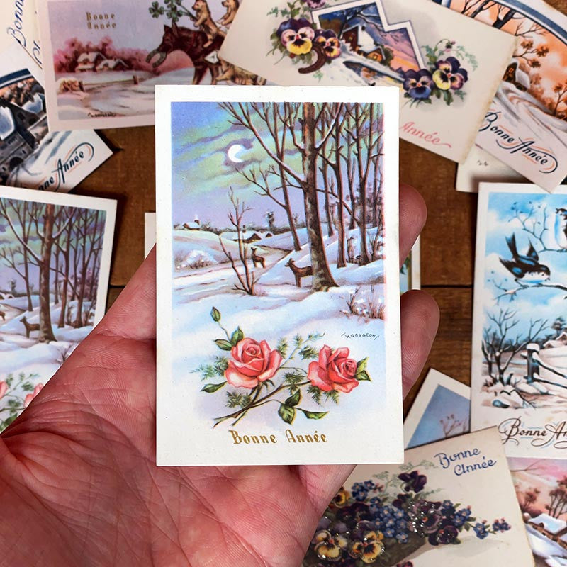 petite carte de voeux bonne année ancienne vintage chromo fleurs pailettes brillant fantaisie 1950 1960 couleur france