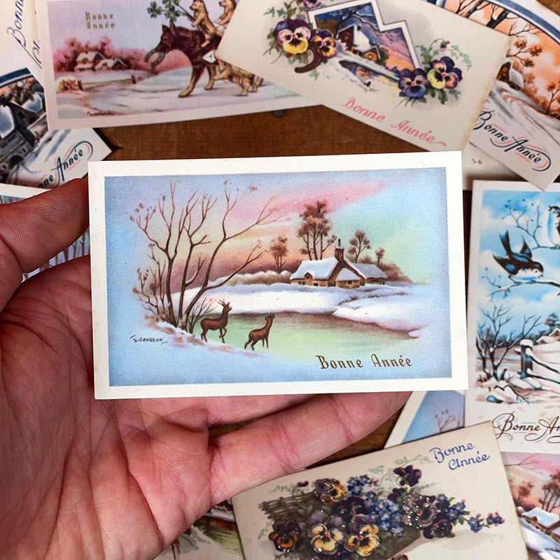 petite carte de voeux bonne année ancienne vintage chromo fleurs pailettes brillant fantaisie 1950 1960 couleur france