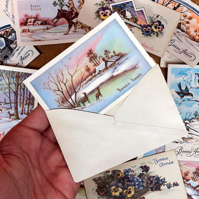 petite carte de voeux bonne année ancienne vintage chromo fleurs pailettes brillant fantaisie 1950 1960 couleur france