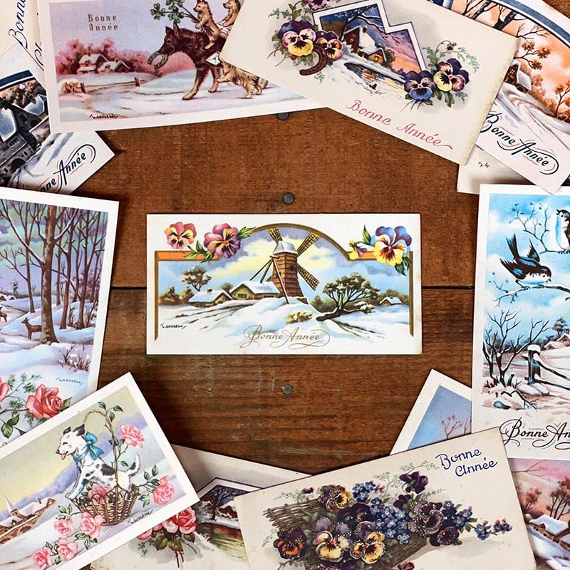 petite carte de voeux bonne année ancienne vintage chromo fleurs pailettes brillant fantaisie 1950 1960 couleur france