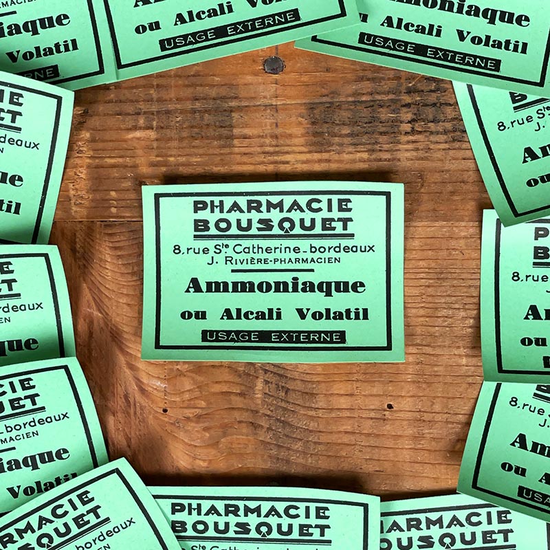 étiquette ancienne de pharmacie bousquet bordeaux vintage 1930 ammoniaque alcali volatil