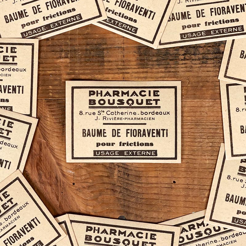 étiquette ancienne de pharmacie bousquet bordeaux vintage 1930 baume de fioraventi