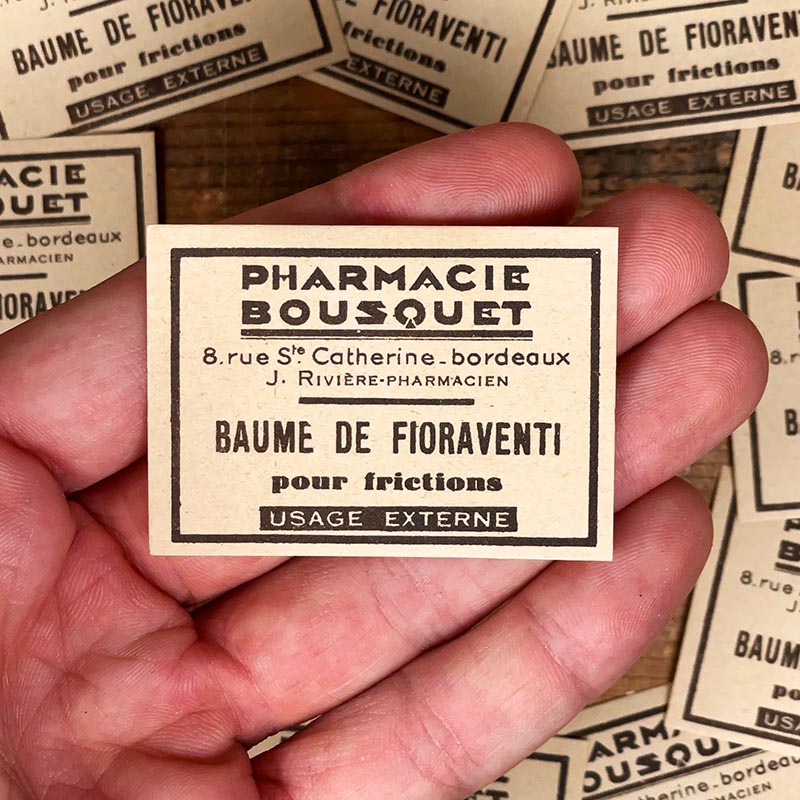 étiquette ancienne de pharmacie bousquet bordeaux vintage 1930 baume de fioraventi