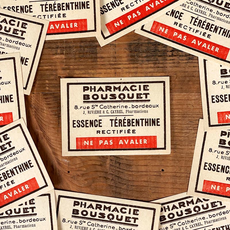étiquette ancienne de pharmacie bousquet bordeaux vintage 1930 essence térébenthine rectifiée