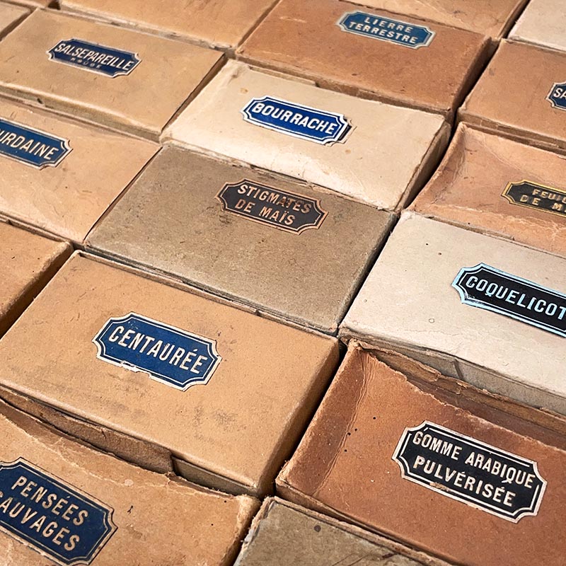 lot de petites étiquettes de pharmacie gaufrées relief 1900 1920 1930 vintage bleues mauves thé noir sureau centaurée guimauve