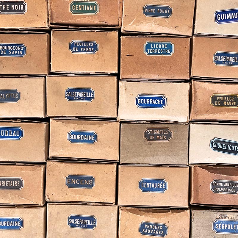 lot de petites étiquettes de pharmacie gaufrées relief 1900 1920 1930 vintage bleues mauves thé noir sureau centaurée guimauve