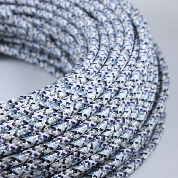 cable electrique couleur fil textile vintage tissu pixel blanc et bleu rond coloré luminaire lampe