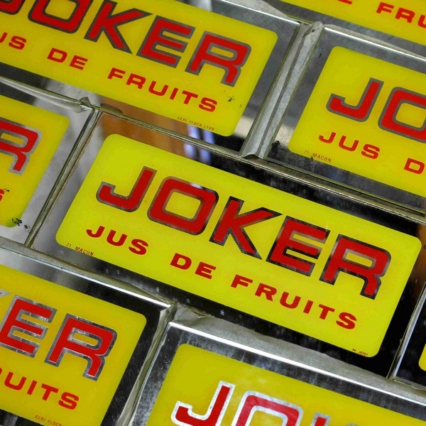 plaque miroir joker ancienne verre vitrine commerce boutique bar bistrot jus de fruit publicitaire 1950 1960
