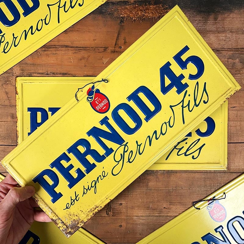plaque tôle tole publicitaire pernod 45 fils 1938 1930 1940 alcool apéritif jaune bar ancien décoration vintage original