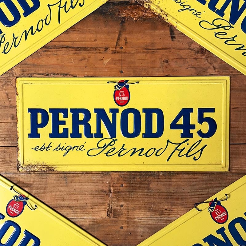 plaque tôle tole publicitaire pernod 45 fils 1938 1930 1940 alcool apéritif jaune bar ancien décoration vintage original