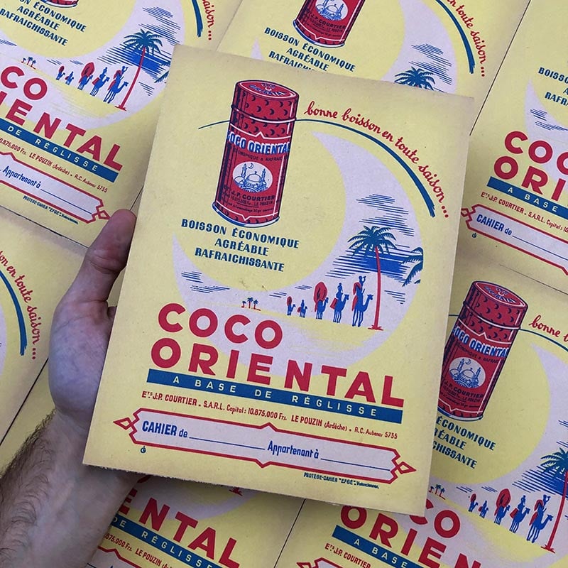 protège cahier ancien coco oriental boisson sucrée poudre coco boer pouzin soda 1950 1960