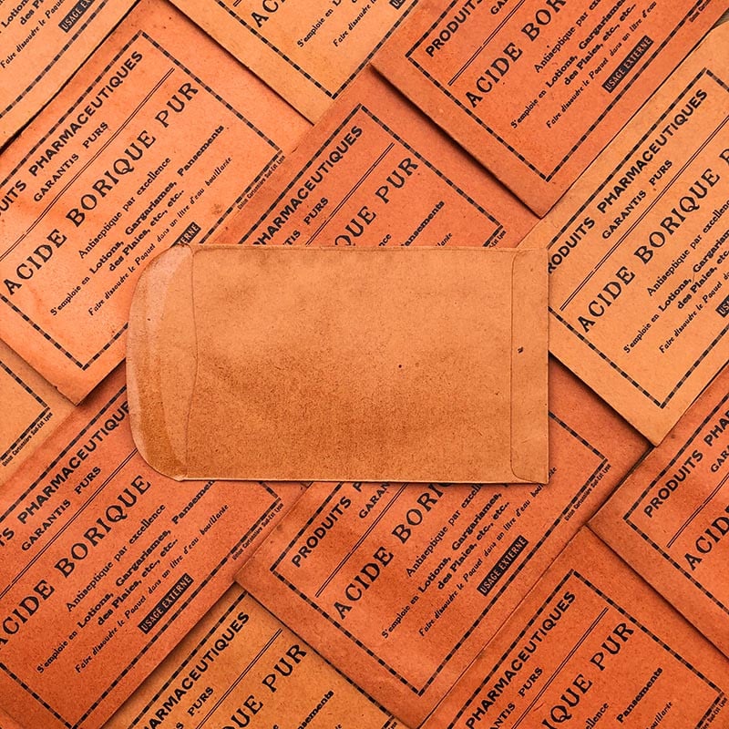 sachet acide borique rouge pharmacie ancien stock vintage 1940 1930 emballage