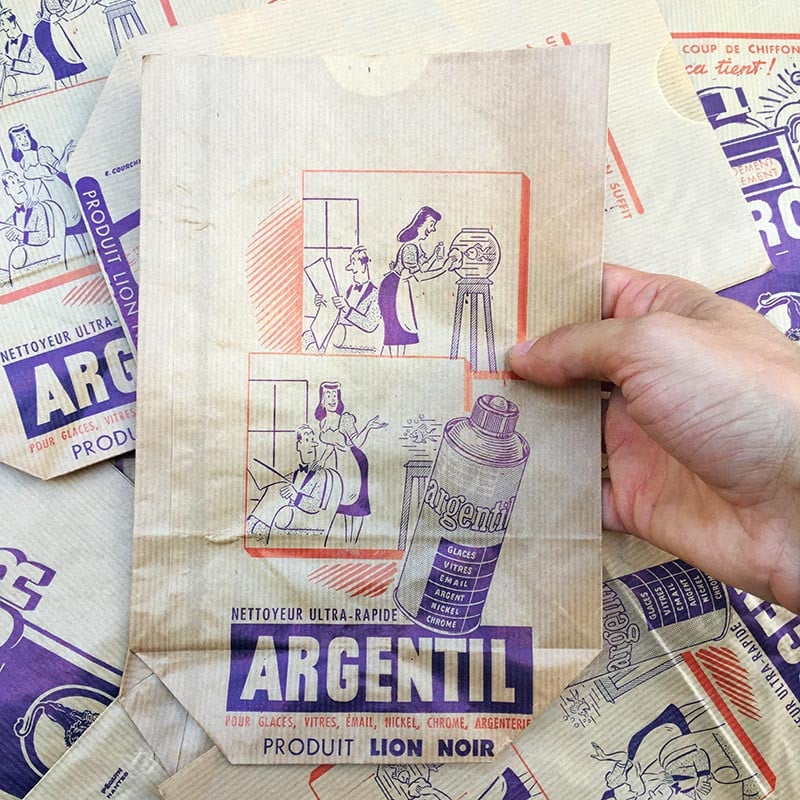 sachet ancien argentil miror lion noir nettoyeur illustration emballage papier vintage 1960
