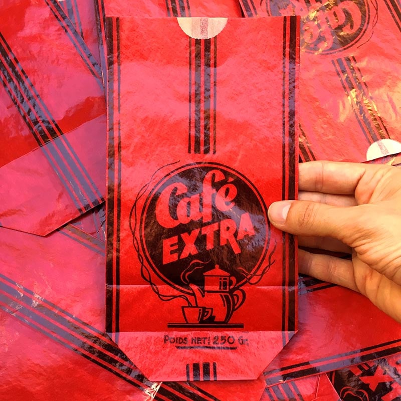 sachet ancien café thé extra rouge 250 illustration emballage papier vintage 1960