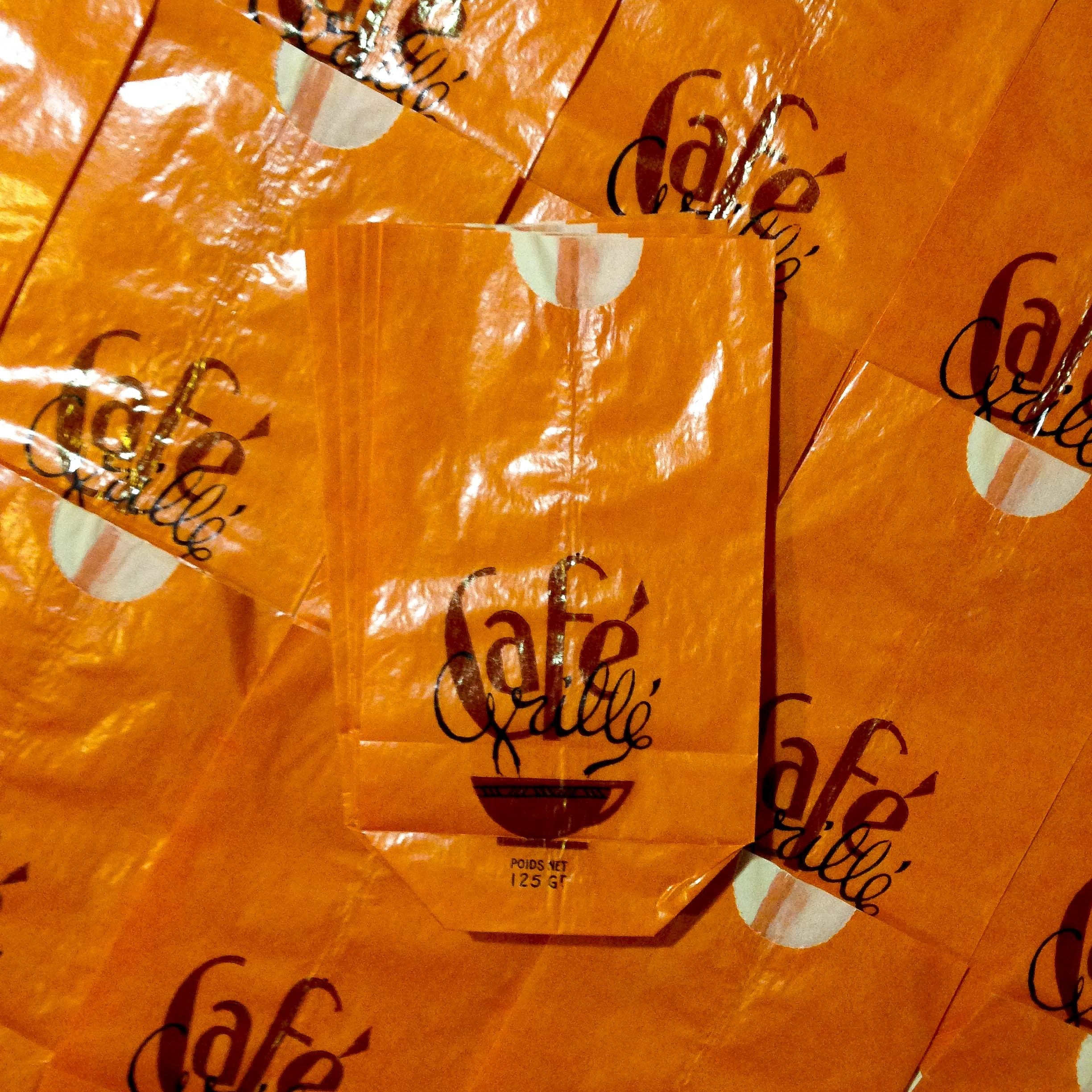 sachet café grillé papier ancien vintage 125gr orange épicerie 1960 soufflet