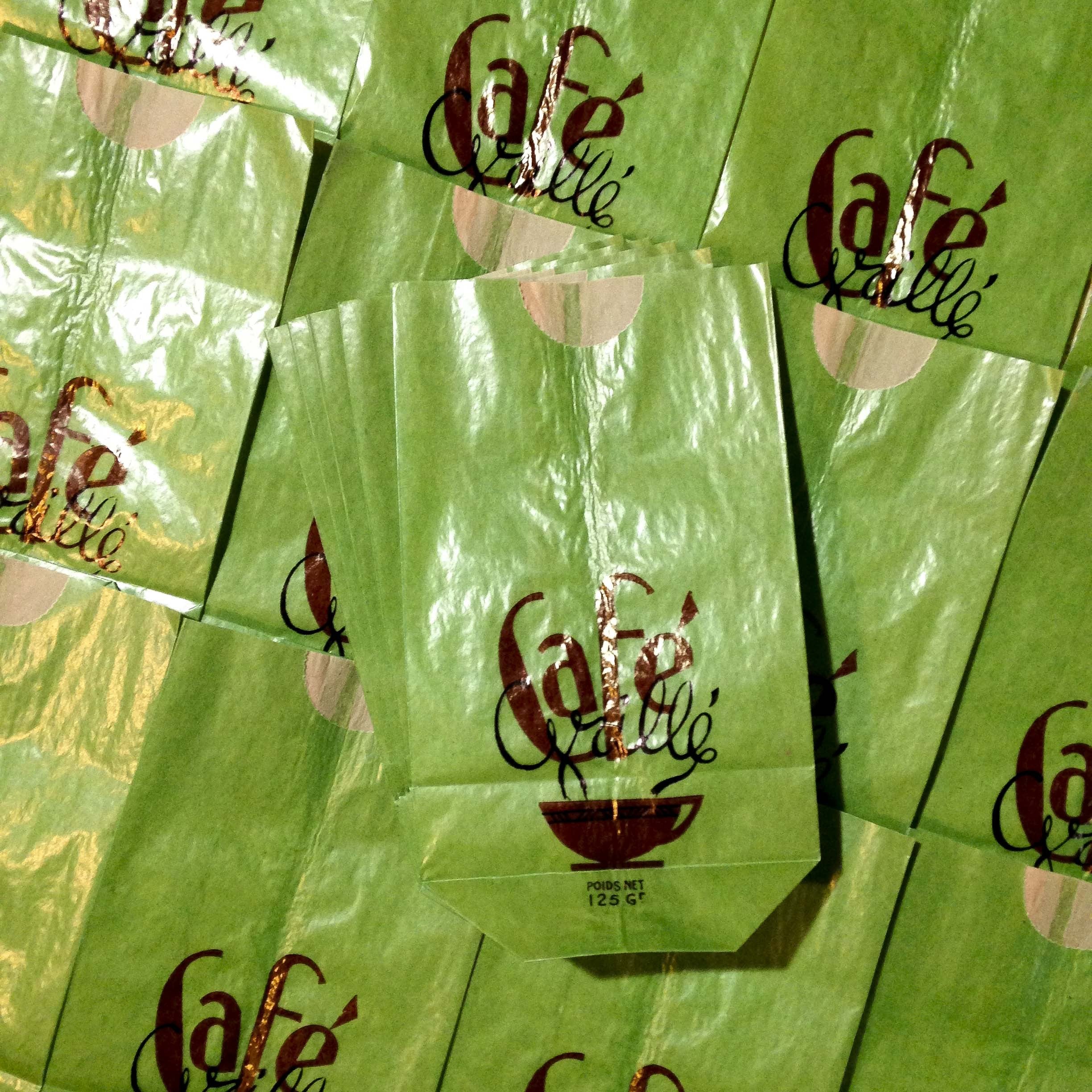 sachet café grillé papier ancien vintage 125gr vert épicerie 1960 soufflet