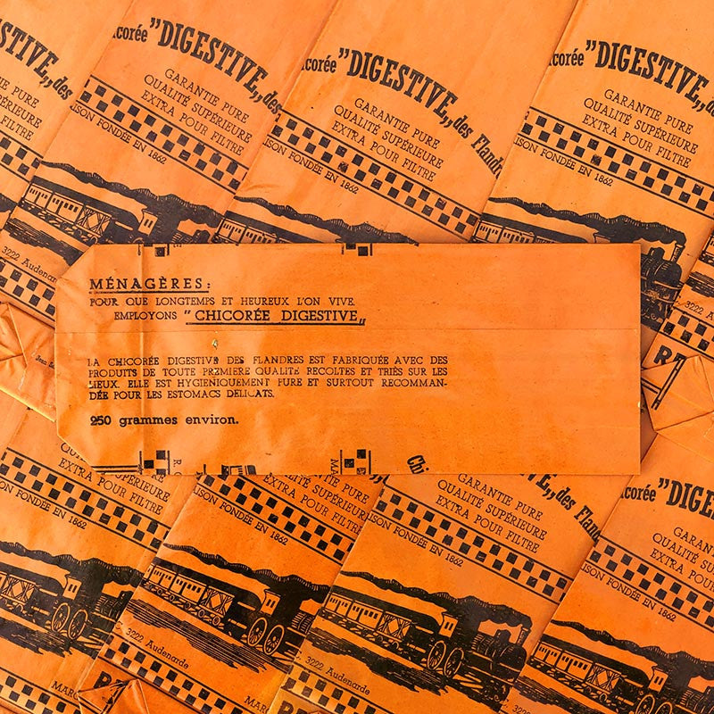 sachet papier orange 1930 chicorée la digestive des flandres ancien ancienne vintage train locomotive