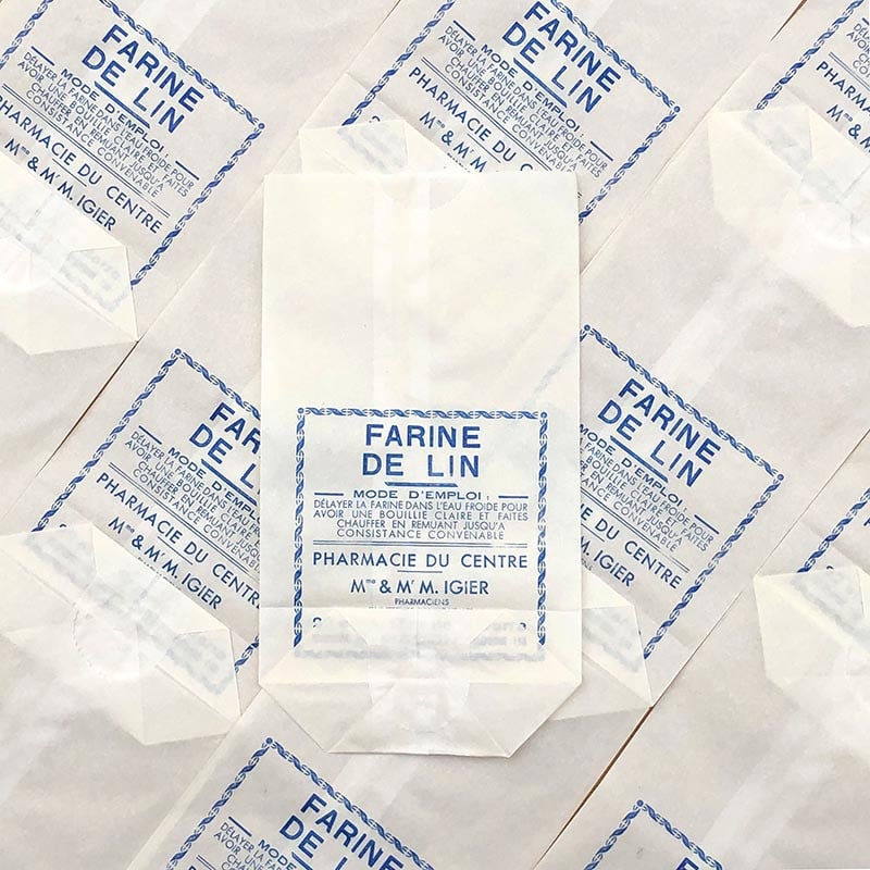 sachet farine de lin pharmacie du centre m mme igier macon ancien stock vintage 1940 1930 emballage soufflet