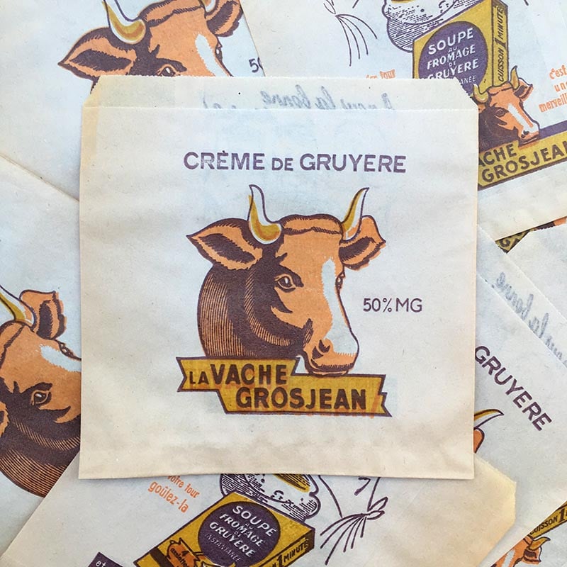 sachet ancien la vache grosjean fromage creme gruyere soupe illustration emballage papier vintage 1960