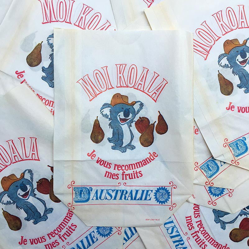 sachet ancien koala fruit australie illustration emballage papier vintage 1960