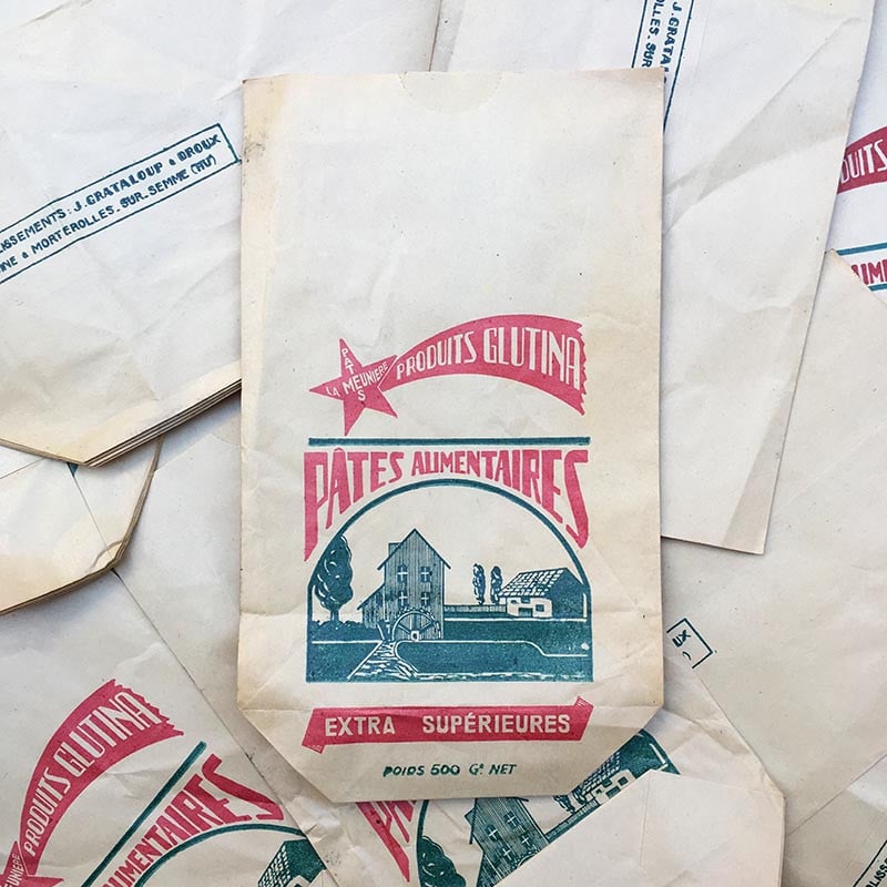 sachet ancien pates alimentaires la meuniere glutina illustration emballage papier vintage 1960