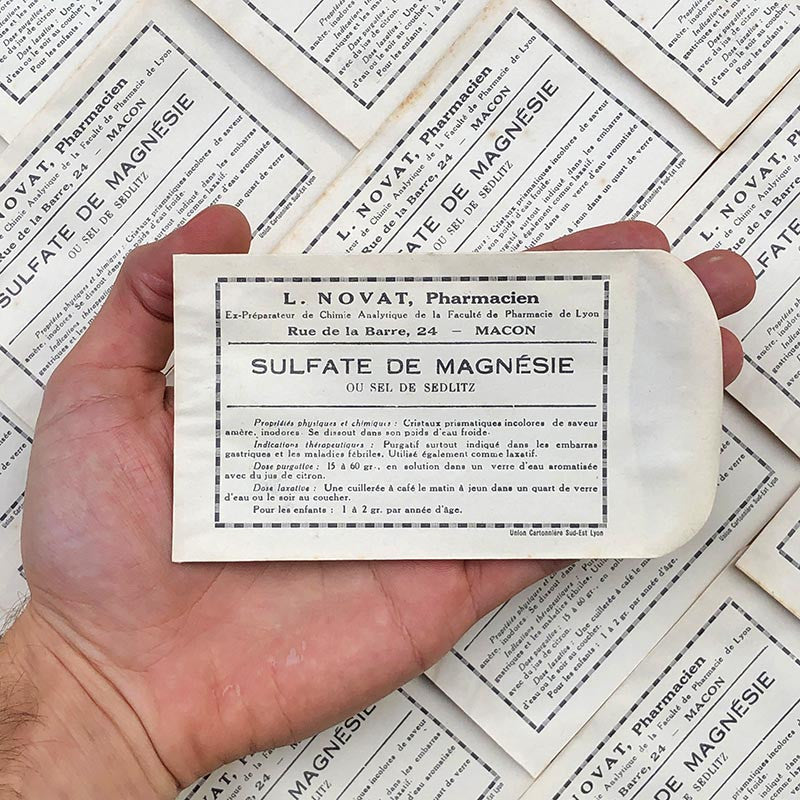 sachet sulfate de magnesie sel de sedlitz pharmacie ancien stock vintage 1940 1930 emballage