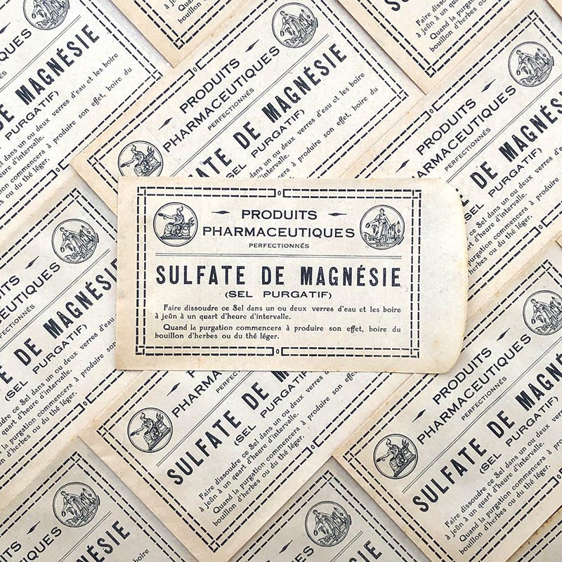 sachet sulfate de magnesie jaune pharmacie ancien stock vintage 1940 1930 emballage