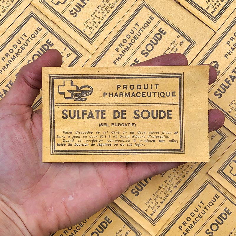 sachet sulfate de soude jaune pharmacie ancien stock vintage 1940 1930 emballage