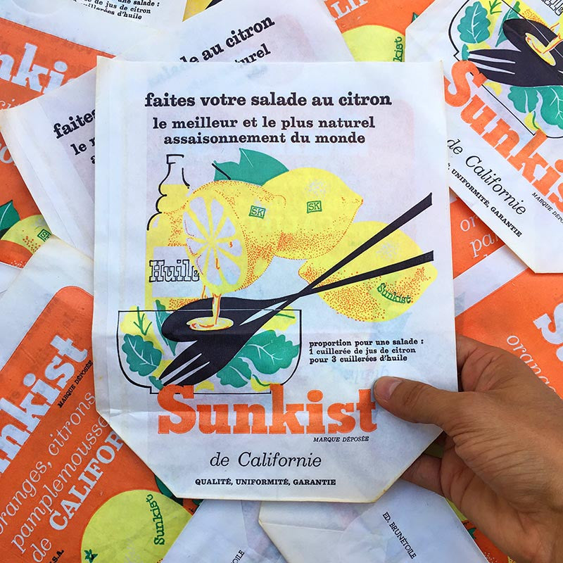 sachet ancien sunkist fruits orange citron pamplemousse californie illustration emballage papier vintage 1960