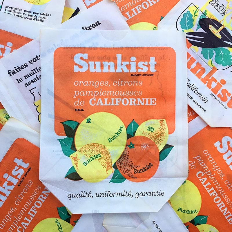 sachet ancien sunkist fruits orange citron pamplemousse californie illustration emballage papier vintage 1960