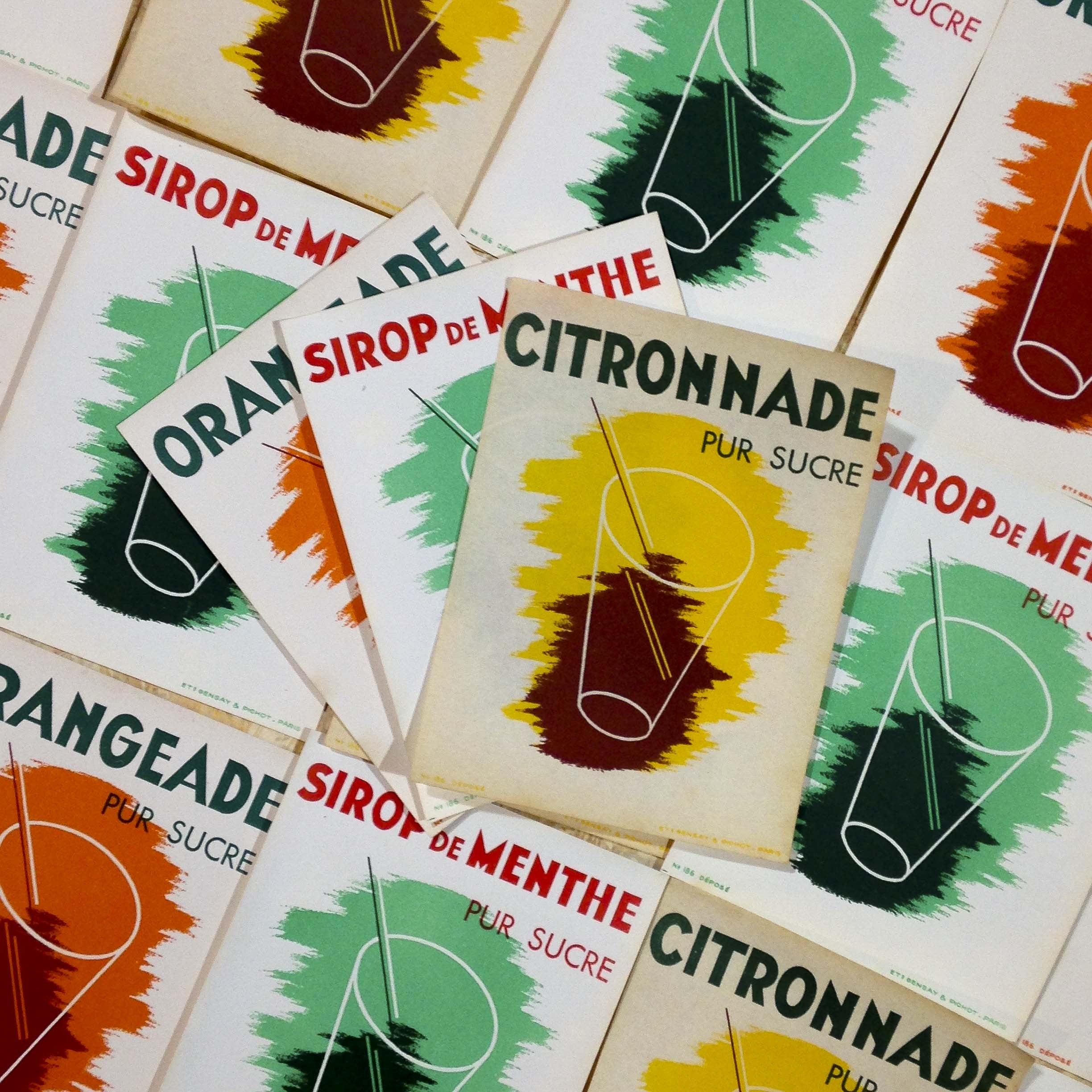 étiquette bistrot bar papier ancien vintage sirop orangeade menthe citronnade 1950