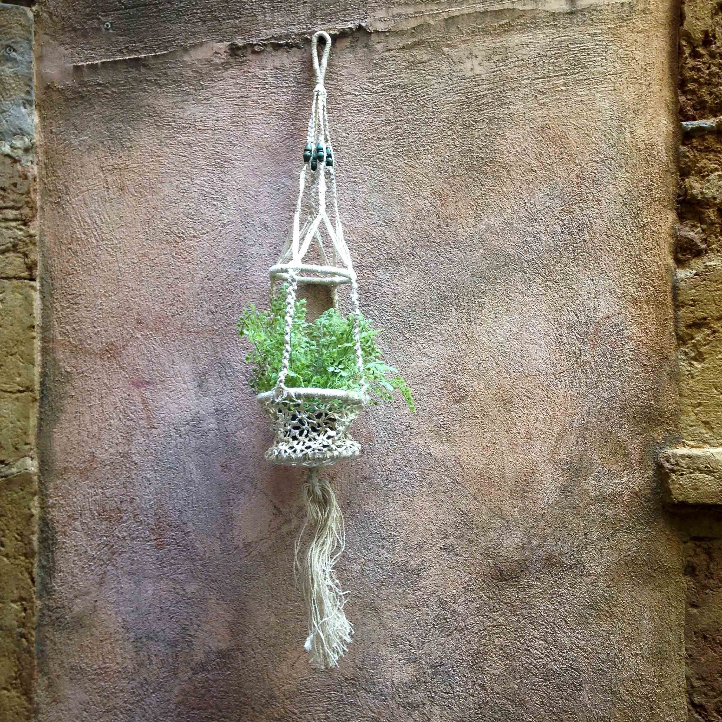 suspension macramé perles bois peintes ancien vintage 1980 usine pot fleurs