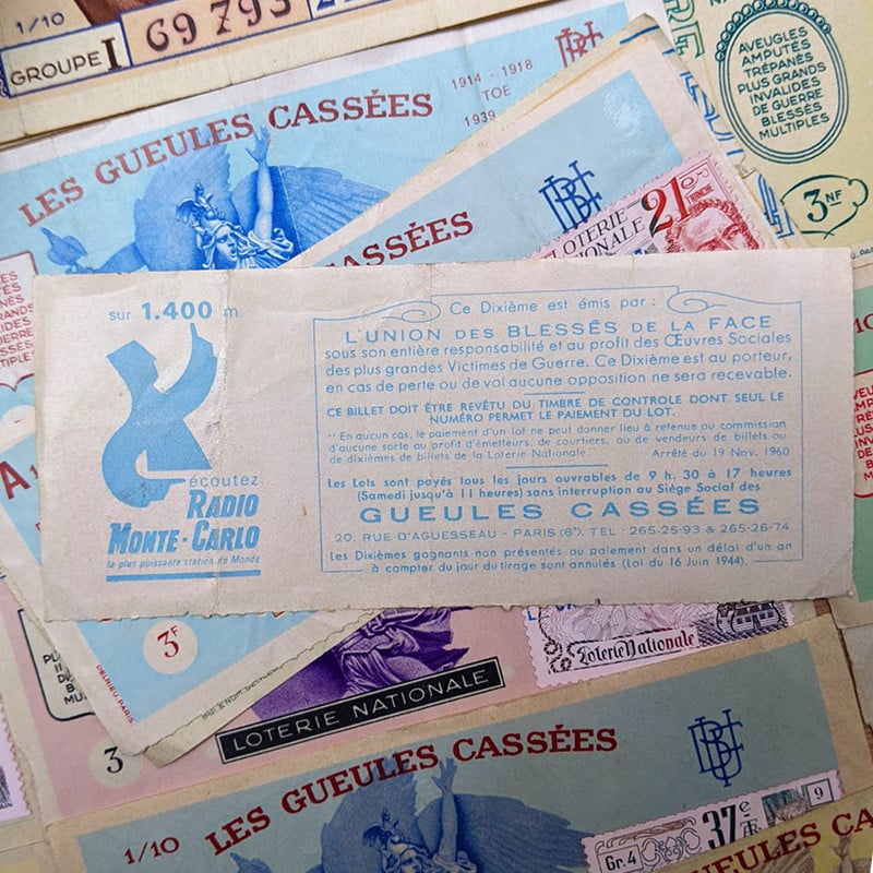 billet ticket loterie ancien vintage collecte collection gueules cassées union des blessés de la face guerre combattant 1970