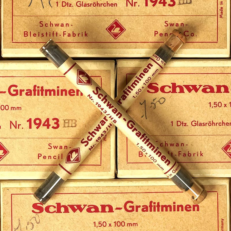 tube en verre de mines criterium schwan 1,50mm 100mm ancien 1950 1940 papeterie ancienne bureau école