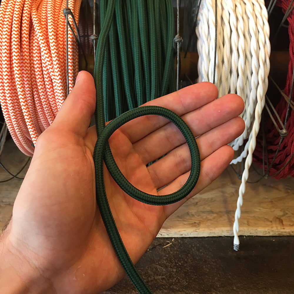cable electrique couleur fil textile vintage tissu vert foncé rond coloré lampe luminaire