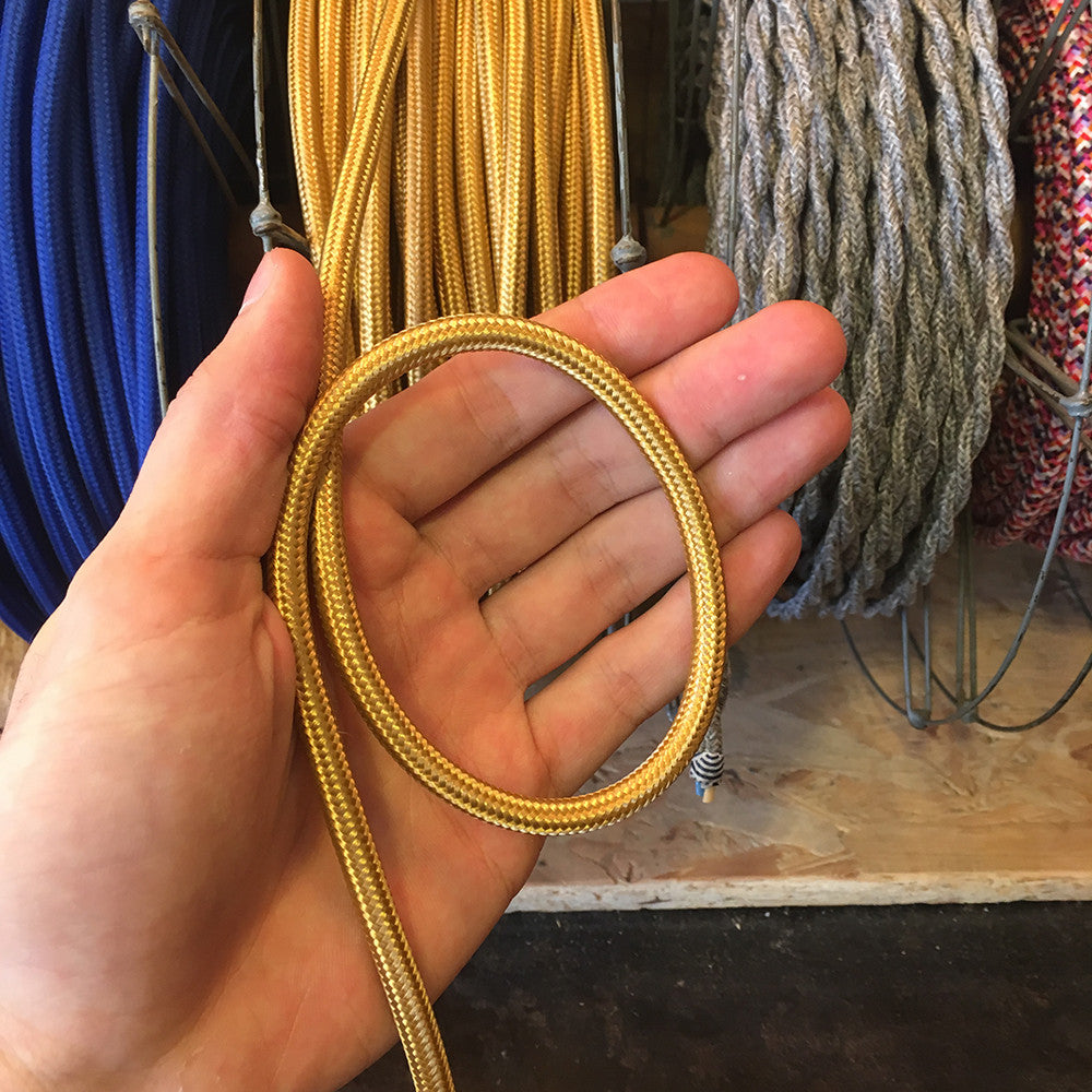 cable electrique fil textile vintage tissu jaune vieil or doré rond lampe luminaire