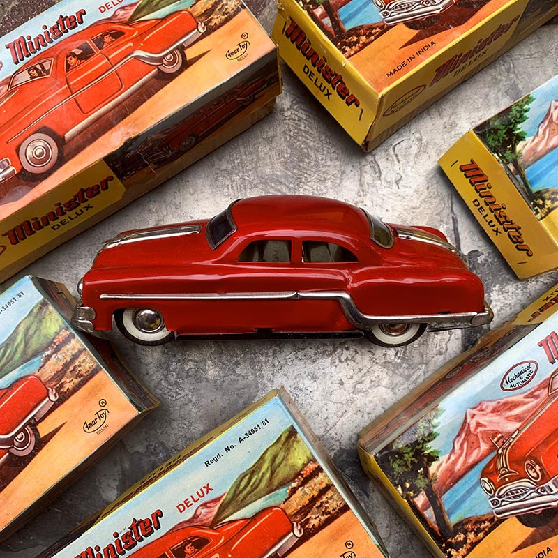 voiture en tôle lithographiée 1950 1960 minister car jouet ancien ancienne amar toy delhi rouge noire